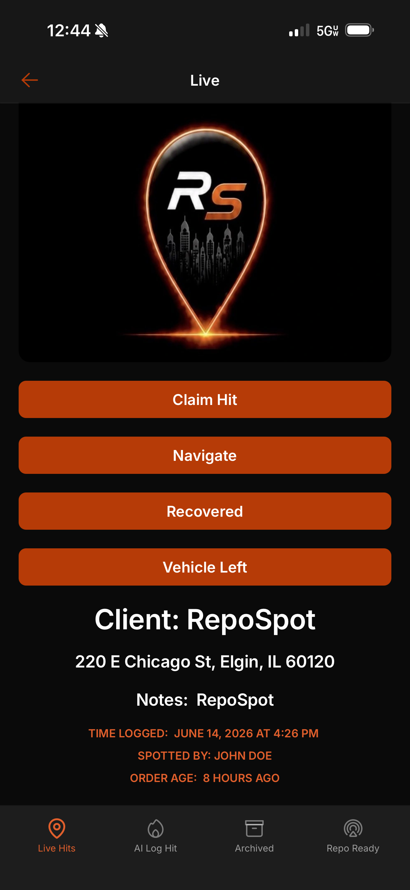 RepoSpot claimed hit action screen