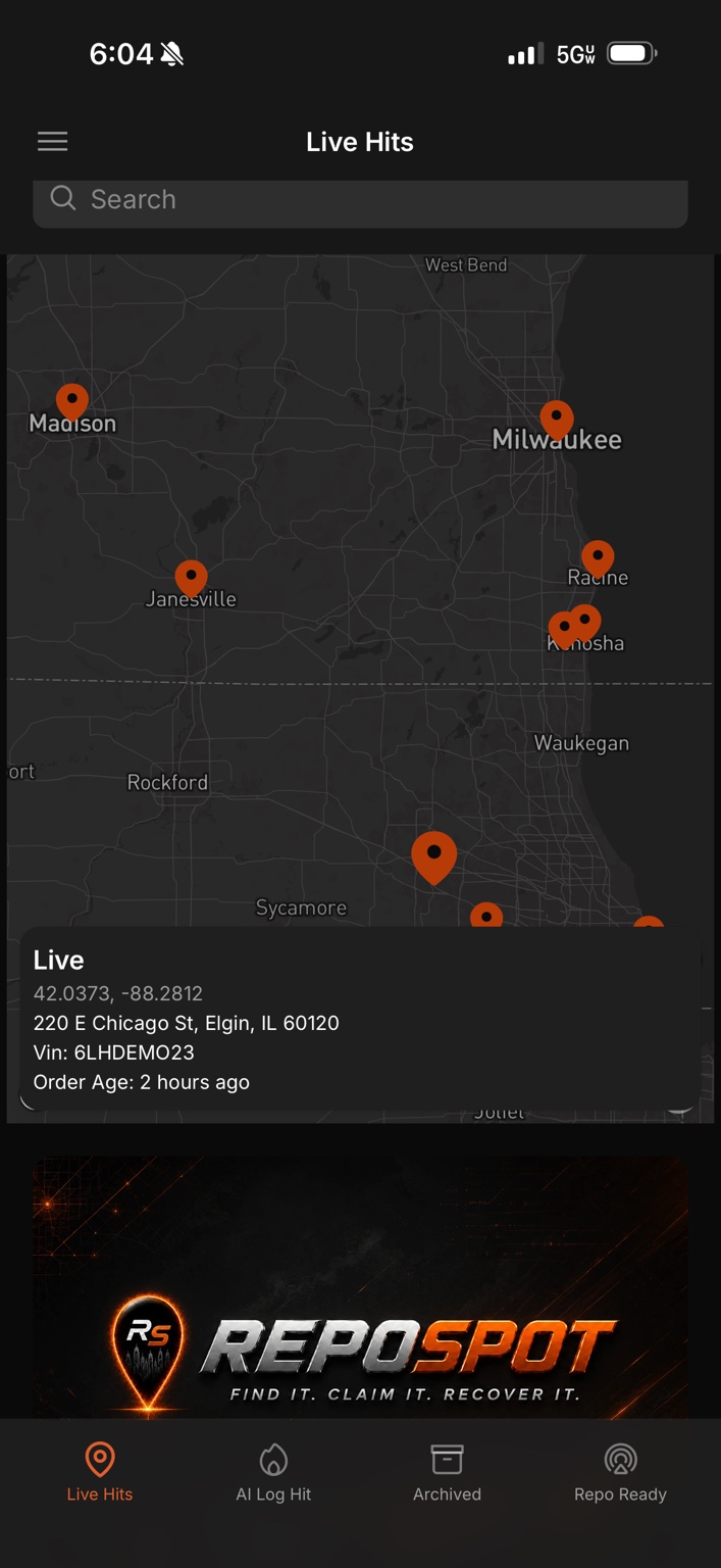 RepoSpot Live Hits map screen